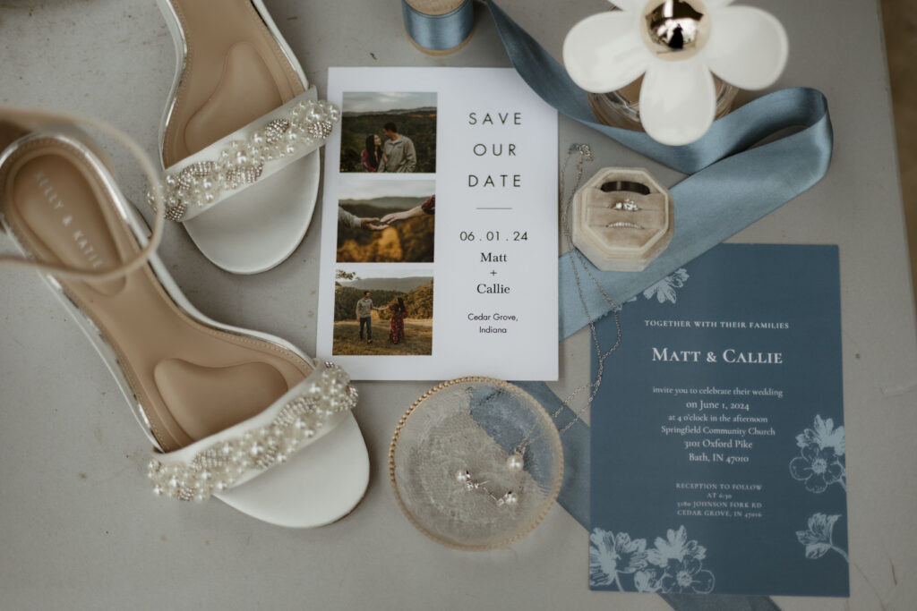 Callie and Matts details surround their save the date and wedding invitation